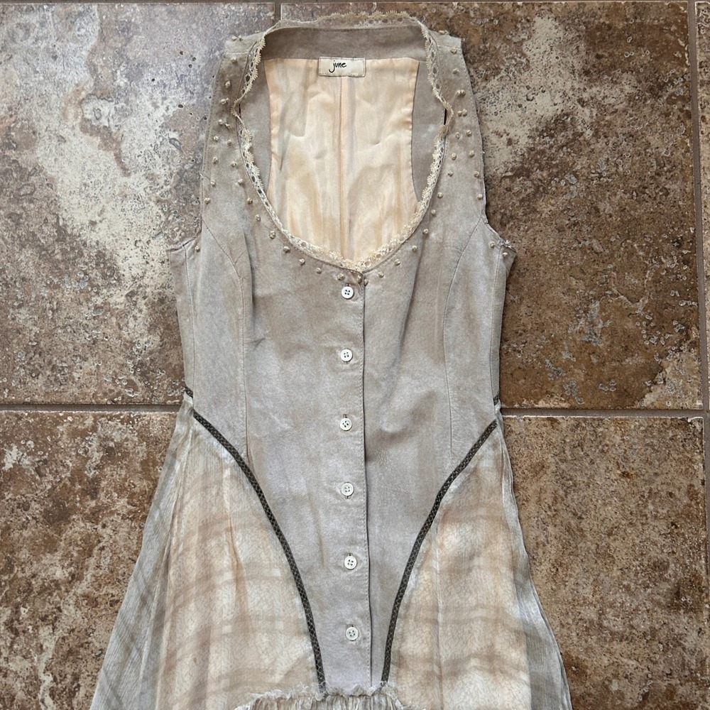 June Beige Button Up Bodice Layered High Low Ruffled 100% Leather Silk Dress - 4 - Picture 2 of 7